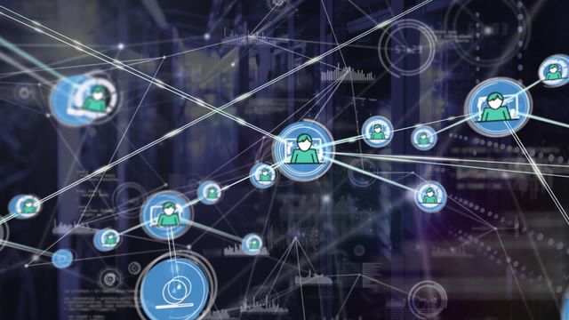 Visual representation of interconnected digital network with communication icons and data processing in a server room environment. Suitable for illustrating concepts related to global communication, data networks, technology infrastructure, and cybersecurity.