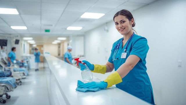 Nurse cleaning and disinfecting hospital nurse station counter with spray bottle