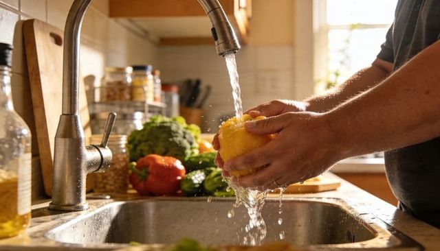 Hands rinsing yellow bell pepper under running faucet in sunlit home kitchen for meal prep