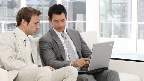 Two Executives Collaborating on Laptop in Modern Office