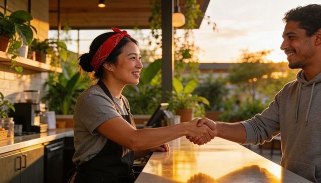 Barista greeting customer with handshake at cozy plant-filled coffee counter during sunset