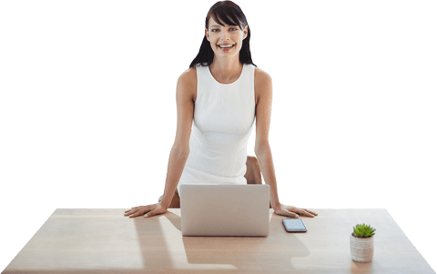 Confident Businesswoman Standing at Desk with Laptop in Transparent Background