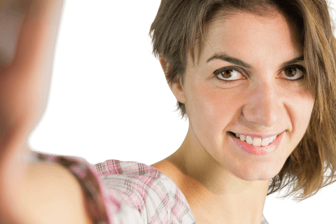 Transparent Selfie of Smiling Brunette Woman in Casual Attire