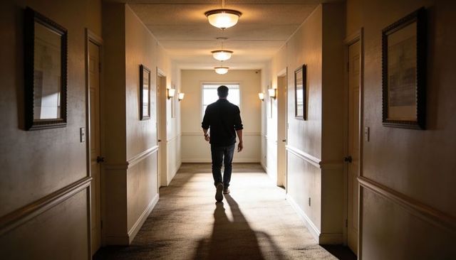 Man walking down backlit hotel corridor casting dramatic long shadow, moody warm lighting