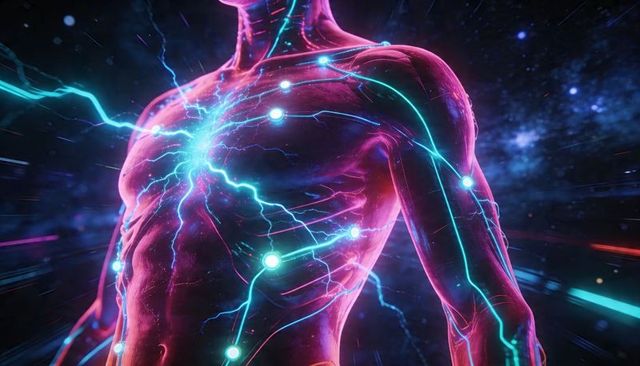 Glowing neon torso showing bioelectric network with luminescent neural nodes