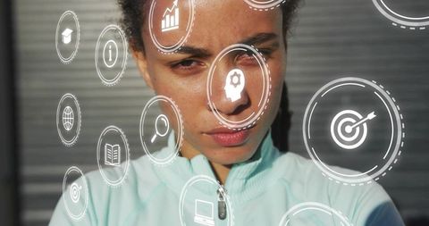 Young woman focusing with augmented reality interface overlay, urban close-up portrait