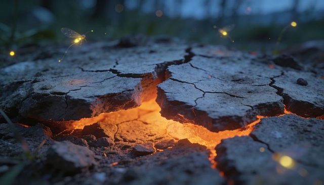 Glowing molten fissure in cracked earth at twilight with hovering ember lights
