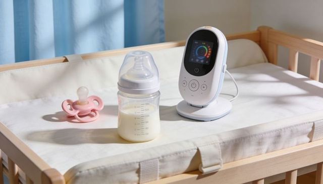 Baby bottle sitting beside baby monitor and pacifier on crib pad in sunlit nursery