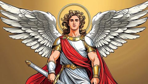 Winged Warrior in Gold Armor with Halo and Sword