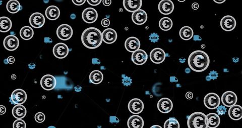 Digital euro symbols with e-commerce icons and network