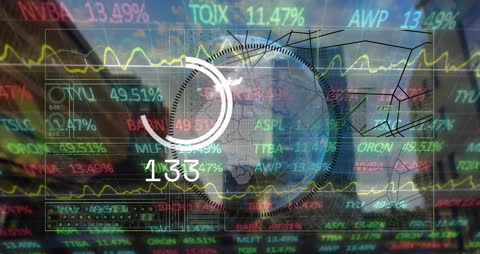 Futuristic Digital Interface with Scanning Scope on Financial Stock Displays