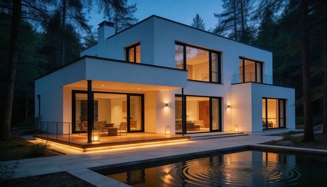 Glowing modern two-story villa at dusk with floor-to-ceiling glass and reflecting pool