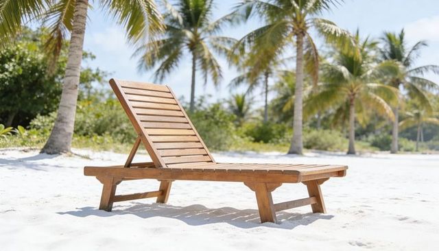 Wooden sun lounger on white sand with palm trees, tropical resort relaxation and minimalist vibe