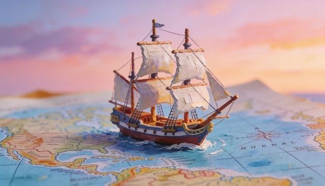 Wooden three-mast ship model sailing across vintage world map with compass rose at sunset