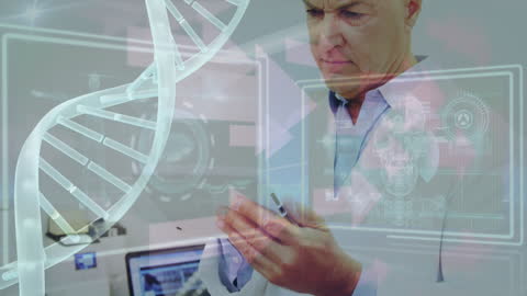 Dentist Analyzing Medical Data with Futuristic Technology Overlay