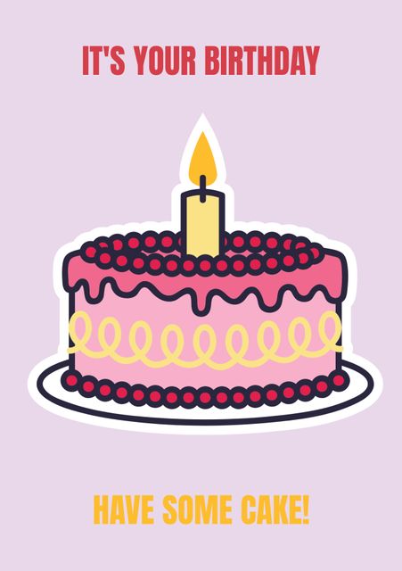 Ideal for birthday greeting cards and festive messages. The stylish pink cake with a lit candle gives a fun and playful tone, perfect for both children's and adults' birthday celebrations. Can be used in social media posts, e-cards, birthday party invitations, and decorative printed material.