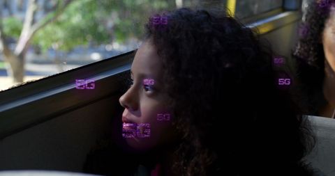 Contemplative girl looking through bus window with 5g overlay