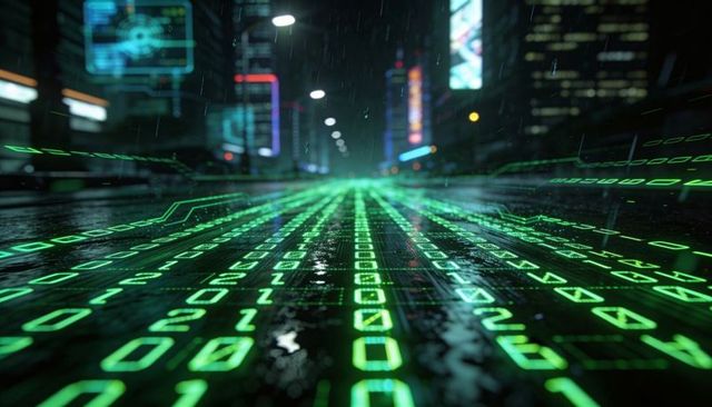 Neon binary highway night rain-soaked cyberpunk cityscape with glowing circuit grid