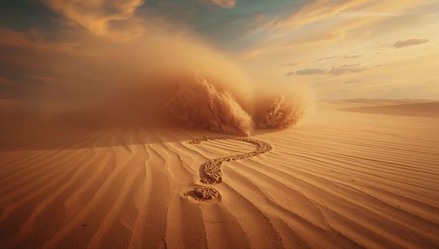 Mysterious question mark carved on desert dunes at golden hour