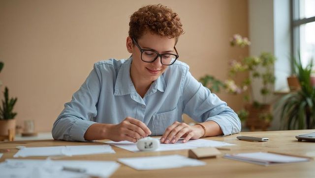 Young designer sketching at bright desk wearing glasses and blue shirt, focused creativity