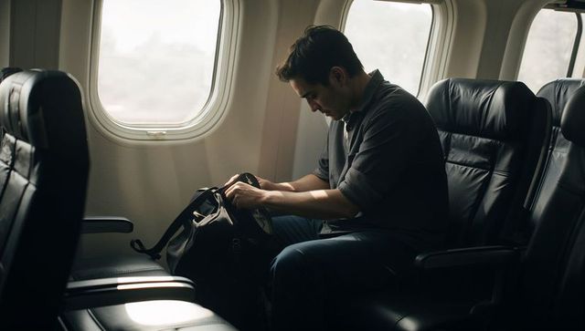 Man searching backpack in airplane window seat, solo traveler in leather cabin, soft light