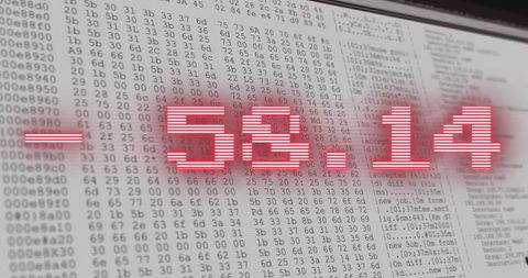Digital financial data processing with red glitches