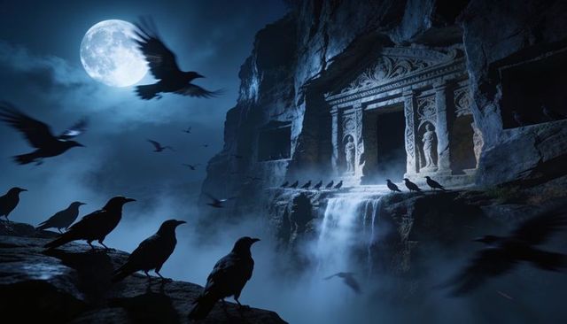 Moonlit gothic cliff tomb with cascading waterfall, perched ravens, misty nocturnal scene