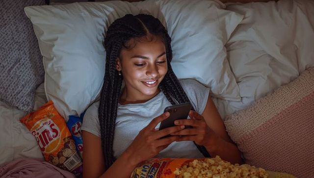 Teenager relaxing in bed with smartphone, snacks, enjoying nighttime leisure