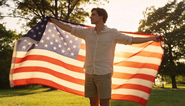 Young man spreading american flag at golden hour in park, patriotic outdoor portrait