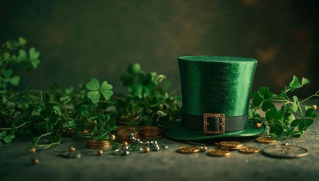 Velvet Green Leprechaun Top Hat Resting with Shamrocks and Gold Coins for St Patrick's Day