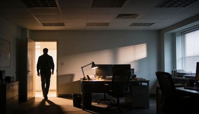 Silhouette man leaving dim office through doorway casting long shadow across desk monitors