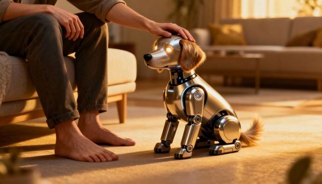 Barefoot man petting metallic robotic dog in warm living room light