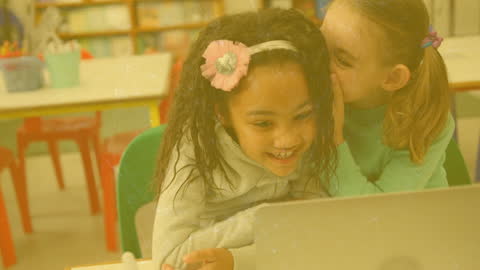 Diverse Schoolgirls Using Laptop With Digital Network Effect