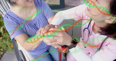 Nurse helping senior with cane on porch, showing compassionate eldercare and dna concept