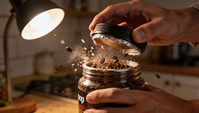 Opening jar of whole coffee beans with dynamic bean spray and warm kitchen lighting