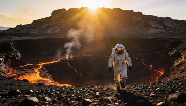 Astronaut climbing volcanic crater rim toward glowing lava lake at golden hour exploration