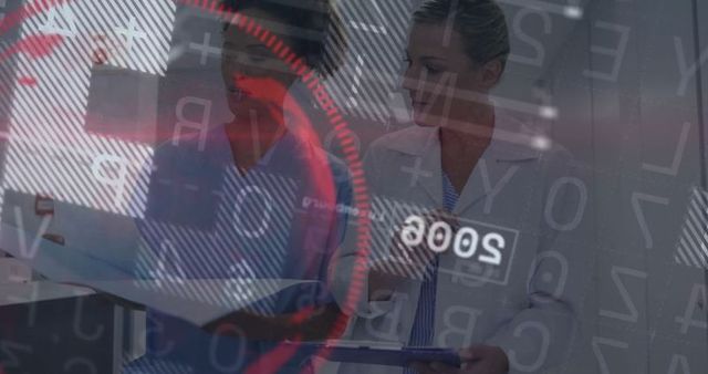 Medical Technologists Analyzing Data with Futuristic Interface