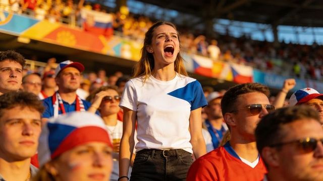 Young woman cheering passionately in stadium crowd during golden hour with national flags