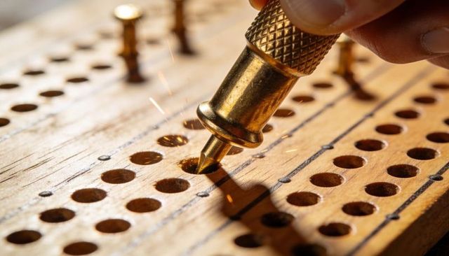 Brass scriber pressing on wooden pegboard generating sparks macro craft detail workbench