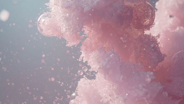 Abstract Pink Foam with Bubbles and Droplets in Macro View