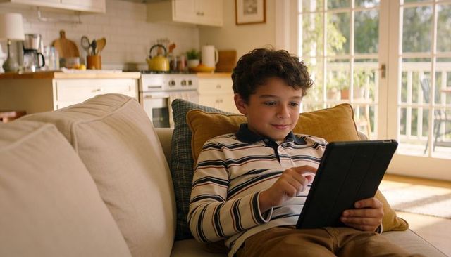 Young Boy Relaxing on Couch Using Tablet in Sunlit Living Room with Kitchen Background