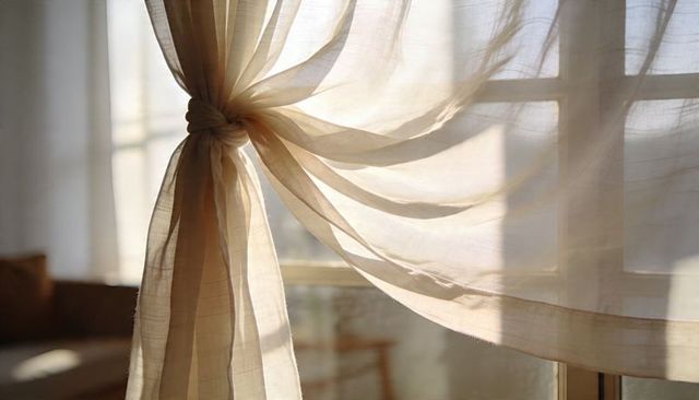 Sheer curtain knot catching morning light in sunlit minimalist living room