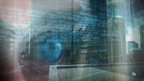 Blue Eye Opening Overlaid With Scrolling Code and Cityscape HUD Revealing Augmented Reality