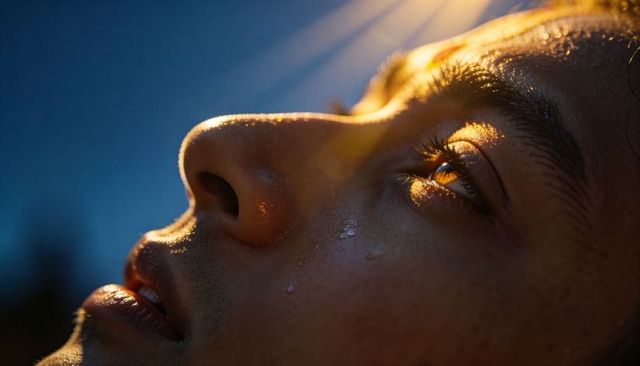 Reclining woman gazing upward in golden hour light, moisture droplets, rimlit lashes