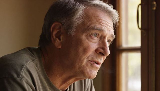 Thoughtful senior man gazing and speaking by window, profile portrait in warm natural light