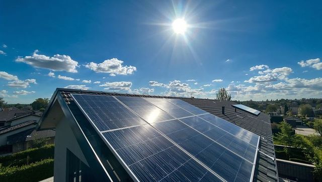 Rooftop solar panels harvesting sun over suburban neighborhood with reflective gloss