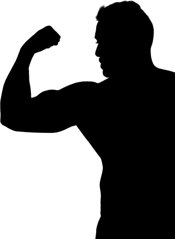 Strong man silhouette flexing muscles on transparent background