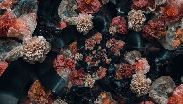 Moody vinyl collage with pressed dried flowers forming spiral kaleidoscope pattern