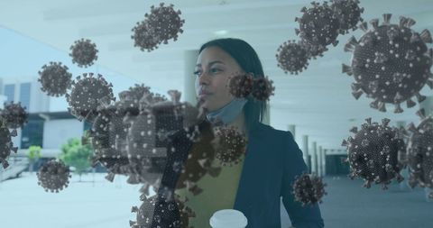 Woman with Mask Confronted by COVID-19 Cells