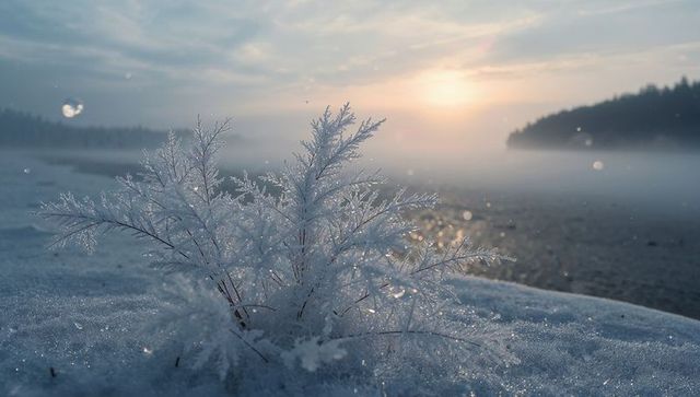 Frosted grass tuft on snowy shoreline at dawn with hoarfrost crystals and soft misty sunlight